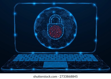 Proteção de dados biométricos. Um laptop com uma área digital da rede global na tela, no centro da qual está uma trava de impressão digital. Design poligonal de linhas e pontos, fundo azul.