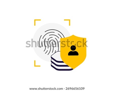 Biometric data protection secures sensitive fingerprint records, personal identity information with layered encryption for GDPR-compliant privacy. Biometric data fraud prevention vector illustration