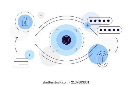 Datos biométricos, seguridad, control. Ojo con elementos digitales. Ilustración simple moderna. Archivo vector.