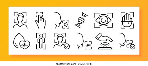 Biometric Data Set Icon. DNA, Face Id, Voice Unlock, Fingerprint, Iris Scan, Hand, Person, Tick, Heartbeat, Check Pulse. Privacy Concept. Vector Line Icon For Business And Advertising.