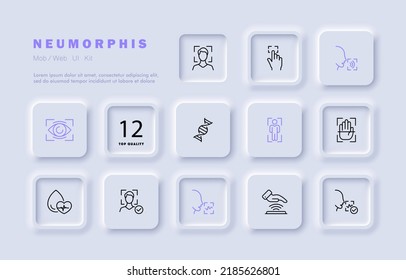 Biometric data set icon. Face id, scan, scanner, fingerprint, voice unlock, recognize, iris, eye, dna, person, hand palm, heartbeat, pulse, successfully. Privacy concept. Neomorphism. Vector line icon