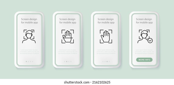 Biometric data set icon. Fingerprint, face id, recognition, hand, approved, allowed, person, checkmark. Technology concept. UI phone app screens. Vector line icon for Business and Advertising.