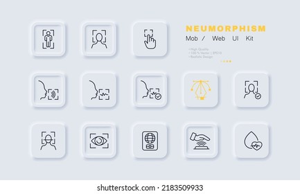 Biometric data set icon. Recognize, scan, voice unlock, face id, fingerprint, heartbeat, pulse, iris, eye, international passport. Technology concept. Neomorphism. Vector line icon for Business.