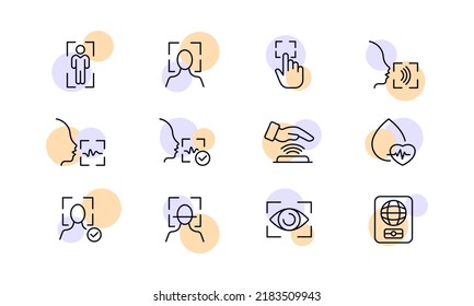 Biometric data set icon. Scanner, scan, man, dna, face id, fingerprint, voice unlock, recognize, checkmark, pulse, water drop, iris, international passport, eye. Privacy concept. Vector line icon.