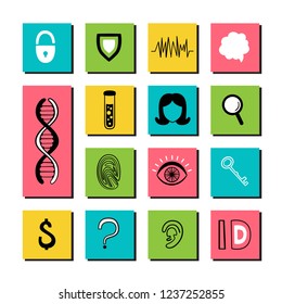 Biometric data. Vector set of hand-drawn icons and inscriptions. Fingerprints, DNA, eyeball, test tubes, skull, face, sensor protection shield and others