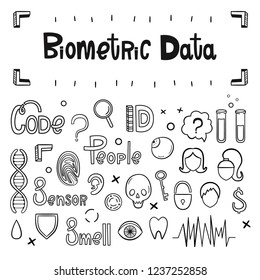 Biometric data. Vector set of hand-drawn icons and inscriptions. Fingerprints, DNA, eyeball, test tubes, skull, face, sensor protection shield and others