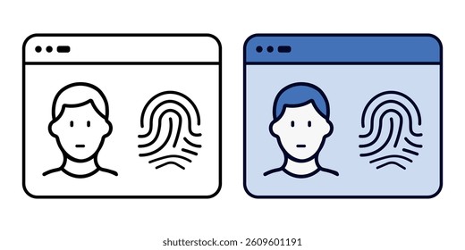 Biometric database icon in color and outline style showing a user profile and fingerprint on a digital interface.