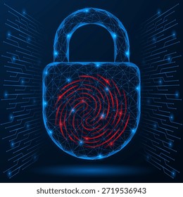 Biometrisches digitales Schloss. In der Mitte des Vorhängeschlosses befindet sich ein roter Fingerabdruck, der das Konzept der biometrischen Authentifizierung, des persönlichen Zugriffs und des Datenschutzes hervorhebt.