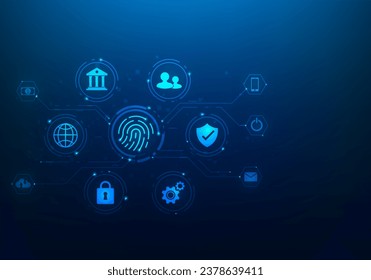 biometric digital technology security data protection infomation on blue background. fingerprint finance network banking. mobile banking app money. vector illustration futuristic technology interface.