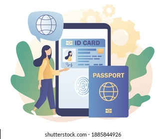 Biometric documents in smartphone app. Smart ID card concept. Digital passport and Driver license. Electronic identity card. Modern flat cartoon style. Vector illustration on white background