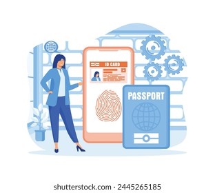 Biometric documents in smartphone app. Smart ID card concept. Digital passport and Driver license. Electronic identity card. flat vector modern illustration