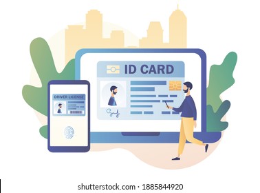 Biometric Documents In Smartphone And Laptop App. Smart ID Card Concept. Digital Passport And Driver License.Electronic Identity Card. Modern Flat Cartoon Style.Vector Illustration On White Background