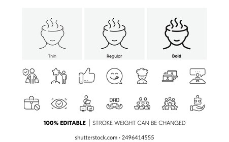 Biometric eye, Yummy smile and Stress line icons. Pack of Business meeting, Jobless, Cooking chef icon. Teamwork, Buyer insurance, Star pictogram. Outsource work, Puzzle, Father day. Vector