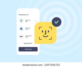 Reconocimiento facial biométrico en el comercio móvil. Sistema de identificación facial para realizar transacciones rápidas y seguras sin contacto. Pago de comercio electrónico con autenticación biométrica. Ilustración vectorial aislada