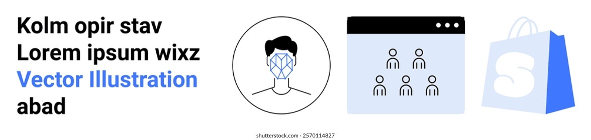 Biometric facial recognition scan, user management dashboard with profile icons, shopping bag with logo. Ideal for technology, security, user authentication, online business, retail. Landing page