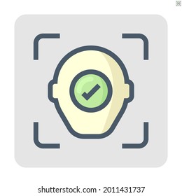 Biometric facial recognition vector icon. Security or identification technology consist of face, check mark. To find someone, verification, identify user to unlock access data in smartphone. 48x48 px.