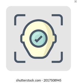Biometric facial recognition vector icon. Security or identification technology consist of face, check mark. To find someone, verification, identify user to unlock access data in smartphone. 48x48 px.