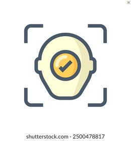 Biometric facial recognition vector icon. Security or identification technology consist of face, check mark. To find someone, verification, identify user to unlock access data in smartphone. 48x48 px.