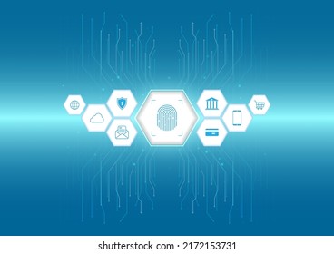 Biometric Fingerprint Access Control, Digital Circuit, Hexagon Technology Background, Cyber Security Concept