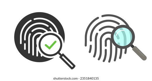 Biometric fingerprint data scan icon vector simple graphic, thumb finger print id check pictogram, identity thumbprint forensic investigation via magnifier glass, verify crime evidence stroke linear
