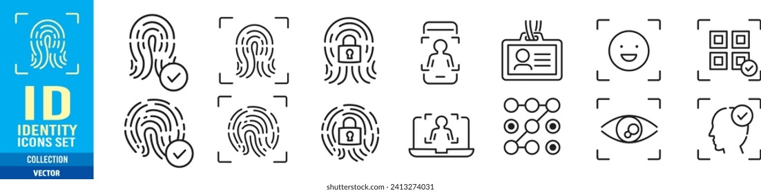 Biometric, Fingerprint, Face id, Face recognition, Identity, Eye, Motion sensor, Smart home, Lock editable stroke line icon collection Vector