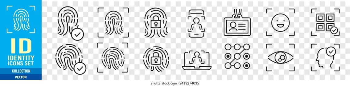 Biometric, Fingerprint, Face id, Face recognition, Identity, Eye, Motion sensor, Smart home, Lock editable stroke line icon collection Vector