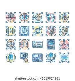biometric fingerprint id finger doodle icons set vector. identity scan, access verification digital recognition privacy, identification print biometric fingerprint id finger sketch hand drawn