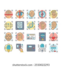 biometric fingerprint id finger icons set vector. identity scan, access verification digital recognition privacy, identification print biometric fingerprint id finger color line illustrations