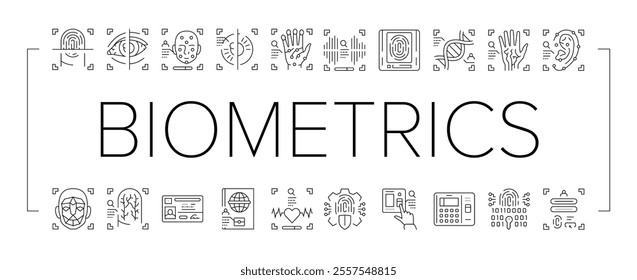 biometric fingerprint id finger icons set vector. identity scan, access verification digital recognition privacy, identification print biometric fingerprint id finger black contour illustrations