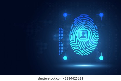 Biometrischer Fingerabdruck auf blauem Hintergrund mit Kopienraum. Konzept der Cybersicherheit und des Strafschutzes. Das Thema Big Data. Neues futuristisches Digital-System-Technologiezeichen und -Symbol. Vektorgrafik.