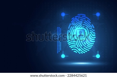 Biometric fingerprint on blue background with copy space. Cyber security and criminal protection concept. Big data theme. New futuristic digital system technology sign and symbol. Vector illustration.