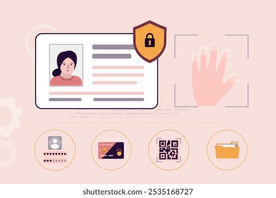 Contraseña biométrica de huellas dactilares con candado, tarjeta de identificación y escudo. Iconos de Perfil y Cuenta. Toque ID. Interfaz de Contraseña al Iniciar sesión. Autenticación, verificación y​​ seguridad. Ilustración vectorial