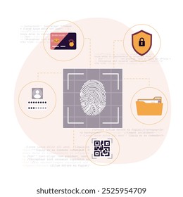 Contraseña biométrica de huellas dactilares con candado e íconos de escudo. Toque ID. Interfaz de Contraseña al Iniciar sesión. Autenticación y verificación. Ciberseguridad, protección de datos y privacidad. Ilustración vectorial