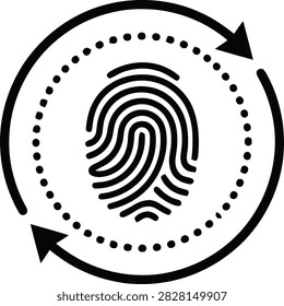 A biometric fingerprint scanner icon with circular arrows, representing security, identity verification, and digital authentication.