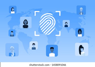 biometric fingerprint security data protection access future computer technology user identification concept world map background flat horizontal
