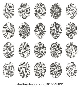 Biometric fingerprints. Human grunge individual finger prints, biometric thumb lines and hand marks. Fingerprints identification vector illustration set. Finger print, finger unique individual
