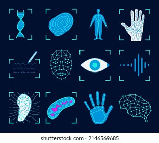 Biometric flat icons set on dark background. 12 vector identification signs. Authentication technology web graphics