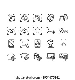 Biometric flat line icons set. Contains such Icons as Voice Recognition, Fingerprint, Home Security, Car fingerprint and more. Simple flat vector illustration for web site or mobile app. Edi