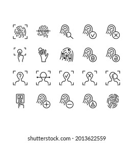 Biometric flat line icons set. Contains such Icons as Fingerprint, Security and more. Simple flat vector illustration for web site or mobile app.