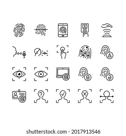 Biometric flat line icons set. Contains such Icons as Voice Recognition, Fingerprint, Home Security, Car fingerprint and more. Simple flat vector illustration for web site or mobile app.