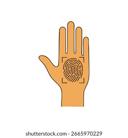 Segurança de impressão de mão biométrica. Gráfico representando uma palma humana com um padrão de dedo exclusivo sendo digitalizado. Simboliza proteção avançada, validação pessoal e soluções de acesso futurista.