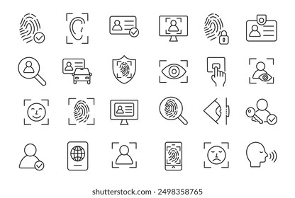 Biometric icon set. Identity document, verification, passport, driving license. Vector.