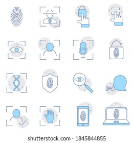 Biometric icons set vector illustration. Contains such icon as Fingerprint, Fingerprint scan, Face Scan and more. Web design, mobile app.