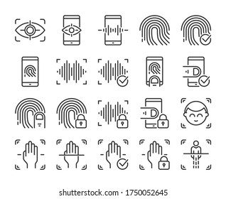 Biometric icons. Biometric verification and Identification line icon set. Vector illustration. Editable stroke.