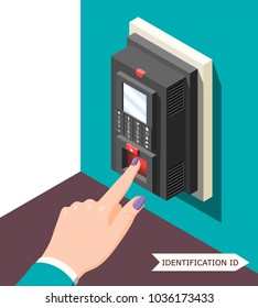 Biometric Id Background With Electronic Access Control Device And Female Hand With Finger On Sensor Vector Illustration