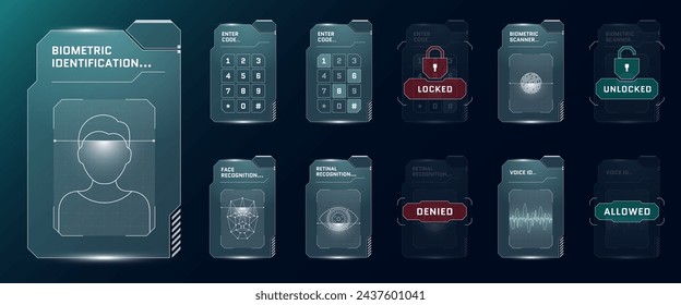 Biometric ID HUD elements. User face voice recognition GUI FUI digital interface. Person security verification code entry panel. Human identity scanner and touching dashboard. Protection screen. Eps