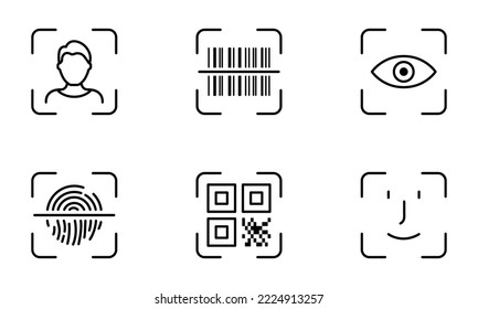 Biometric Identification by Finger Print, Eye Recognize, Touch ID Line Icon Set. Scan QR Code, Barcode Technology Pictogram. Security Protection Symbol. Editable Stroke. Isolated Vector Illustration.