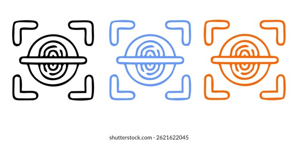 Biometric Identification by Finger Print, Eye Recognize, Touch ID Line Icon Set. Scan QR Code, Barcode Technology Pictogram. Security Protection Symbol. Editable Stroke