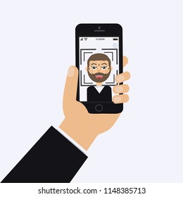 Biometric identification. The concept of the face recognition system. Mobile application for face recognition. Flat vector illustration