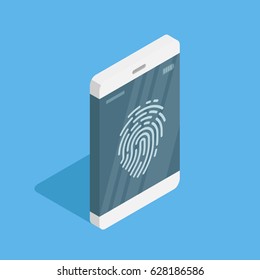 Biometric identification concept. Mobile device with fingerprint on screen in isometric. Flat vector illustration